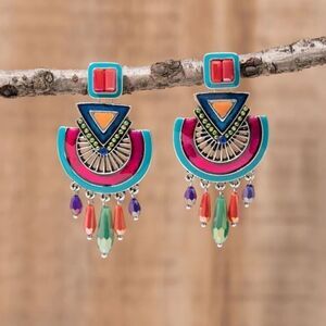 Colorful Geometric Dangle Handmade Crystal Random Floral Pattern Earrings